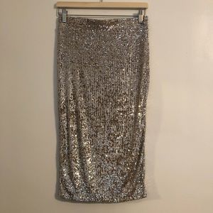 RACHEL ZOE Champagne MIDI Sequin Skirt Silver S